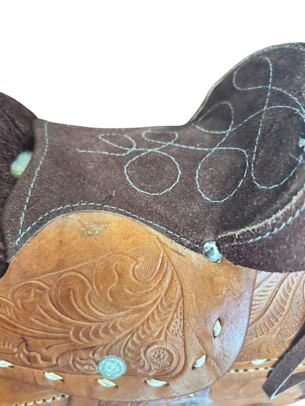 Horse Saddle Shoulder Bag Hand Tooled Brown Suede And Tan Leather Purse Vintage - Picture 15 of 16